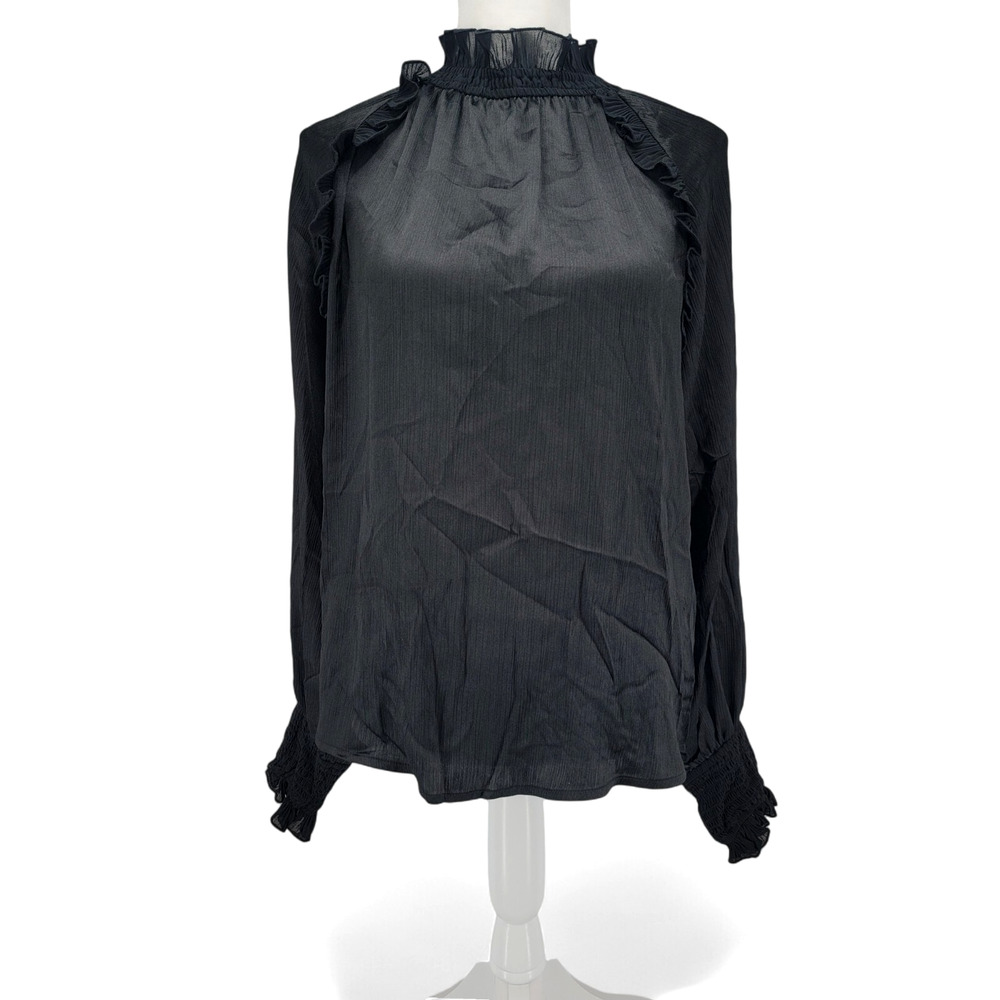 Yest‎ Womens 6 Blouse Polyester Black Ruffle Mock Neck Romantic Chic Top